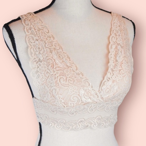Flying Tomato Lace Longline Deep V Bralette - Champagne Color, Size Small - Picture 1 of 7